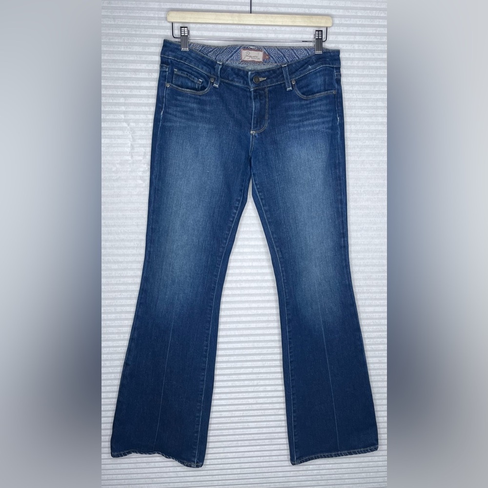 Paige Laurel Canyon Jeans Women Size P30 Blue Denim Bootcut Stretch Distress